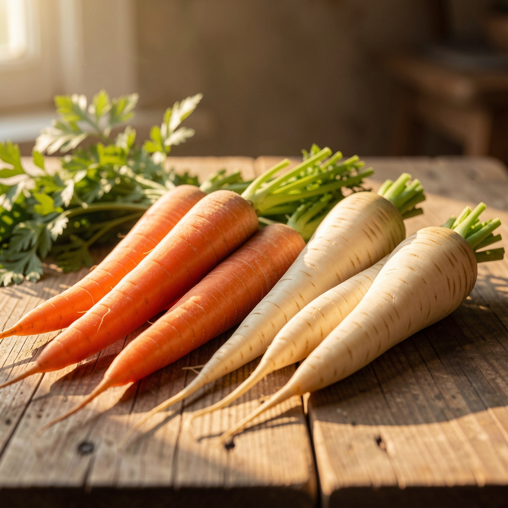 Freshly harvested seasonal root vegetables including carrots and parsnips laid on a wooden surface in warm afternoon light